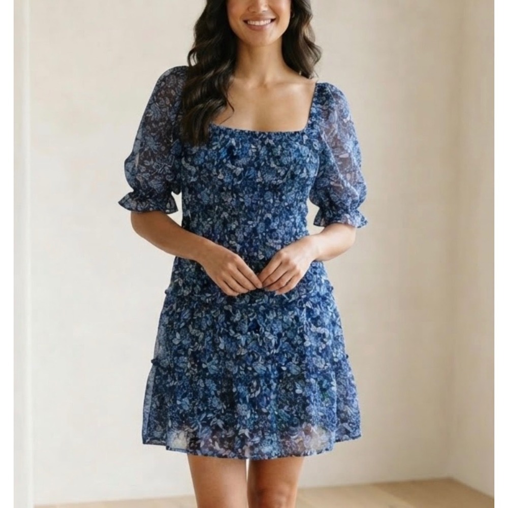 Blue Rain Francesca's Blue Floral Smocked Tiered Mini Dress Puff Sleeve M